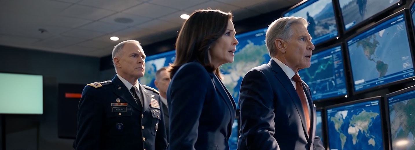 Military command center with generals and officials monitoring global situation